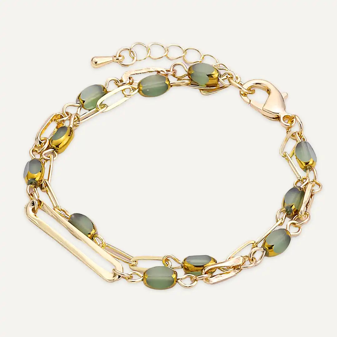 Layered Green Semi‑precious Stones Clasp Bracelet In Gold-Tone