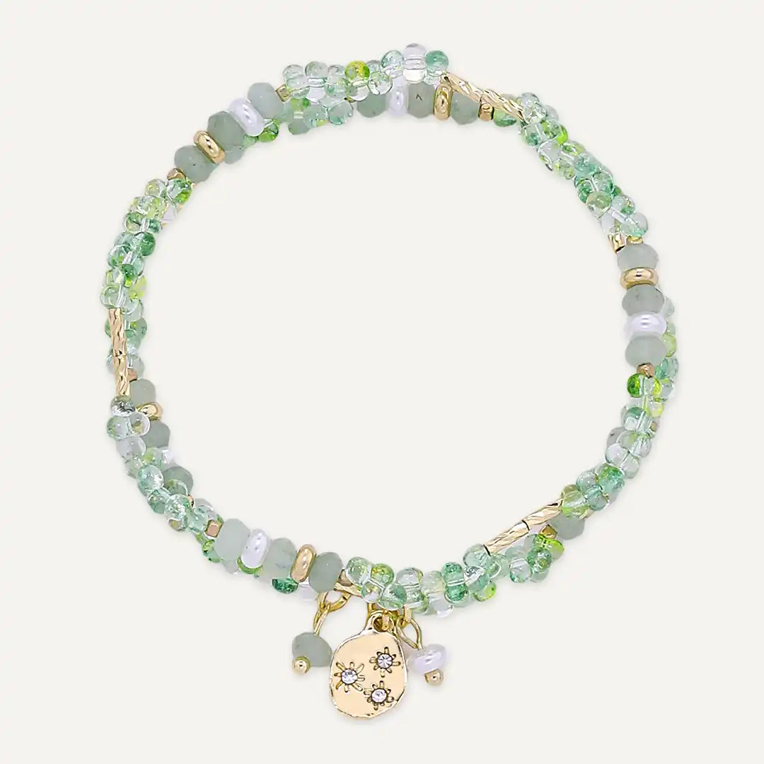 Green Semi‑precious Stones & Faceted Beaded Layered Elasticated Bracelet