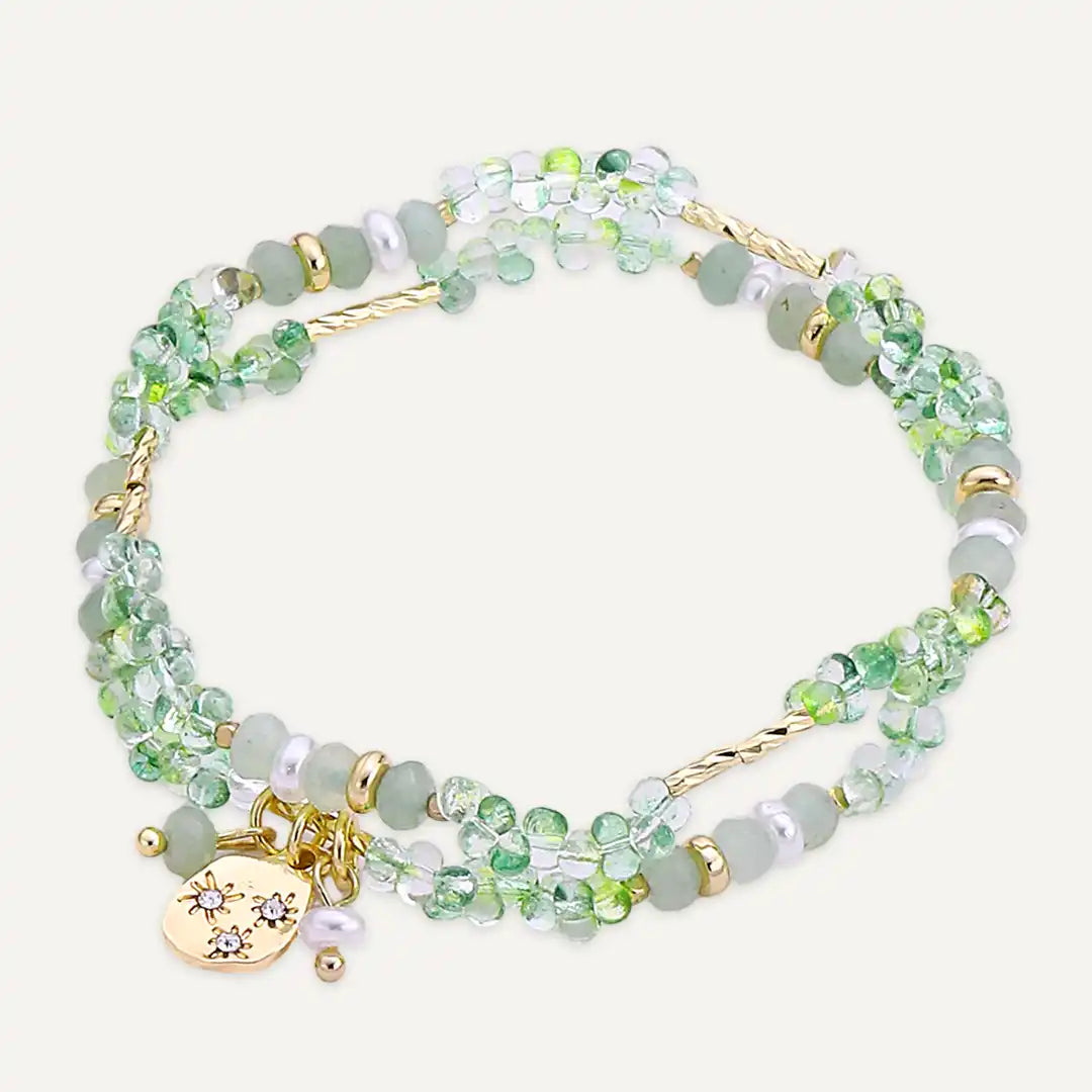 Green Semi‑precious Stones & Faceted Beaded Layered Elasticated Bracelet