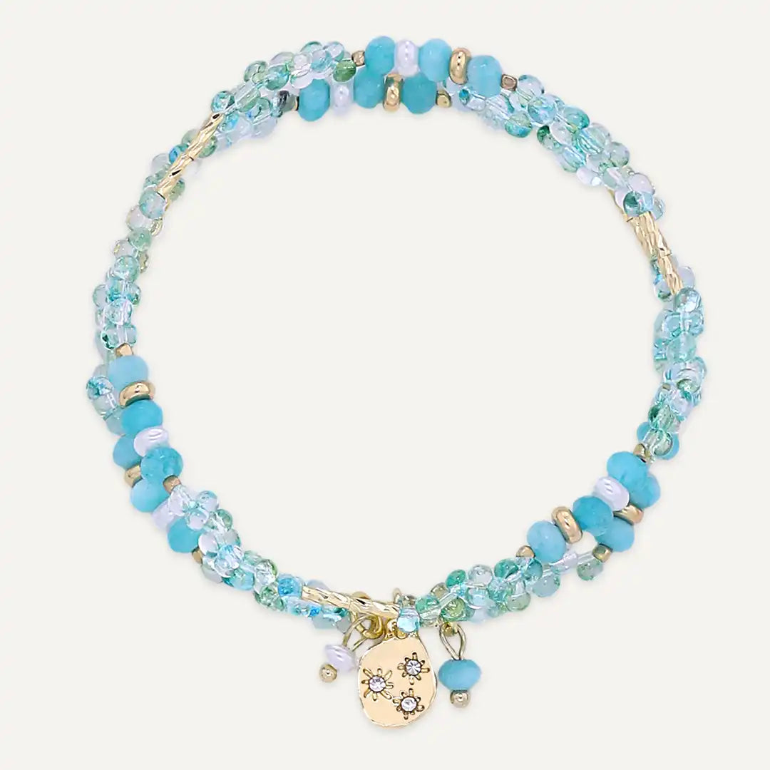 Blue Semi‑precious Stones & Faceted Beaded Layered Elasticated Bracelet