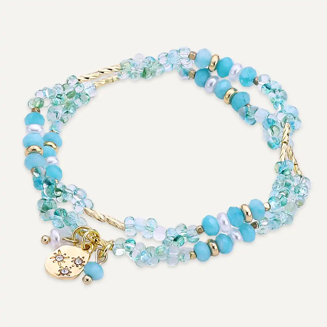 Blue Semi‑precious Stones & Faceted Beaded Layered Elasticated Bracelet