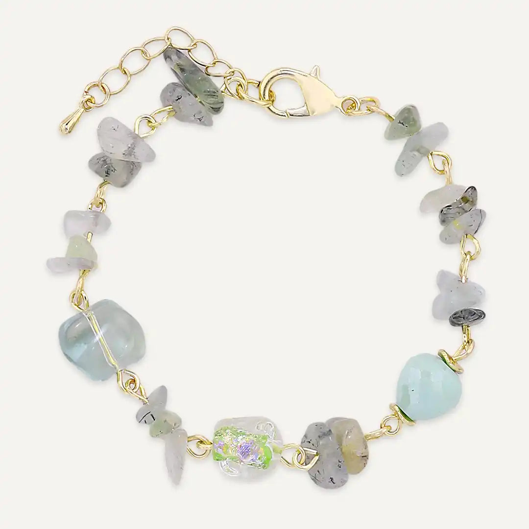 Green Semi‑Precious Stones & Faceted Bead Bracelet In Gold-Tone