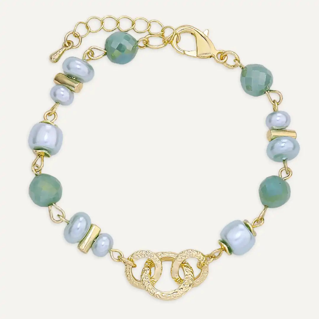 Green Faceted Bead & Pearl Interlocking Ring Detail Bracelet In Gold-Tone
