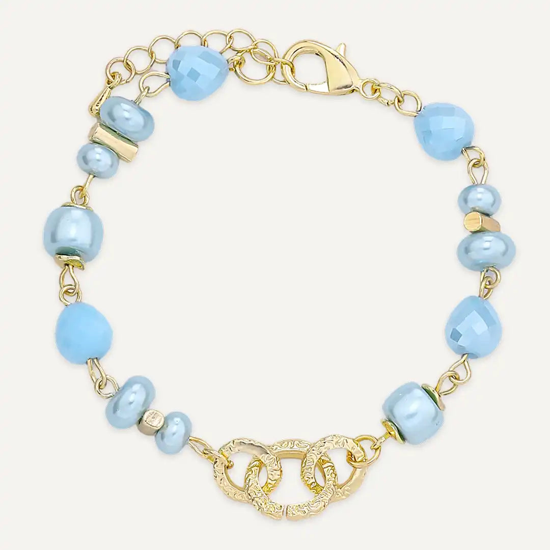 Blue Faceted Bead & Pearl Interlocking Ring Detail Bracelet In Gold-Tone