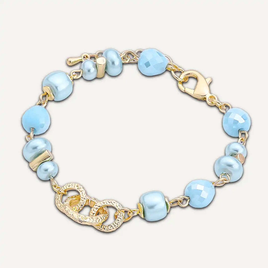 Blue Faceted Bead & Pearl Interlocking Ring Detail Bracelet In Gold-Tone