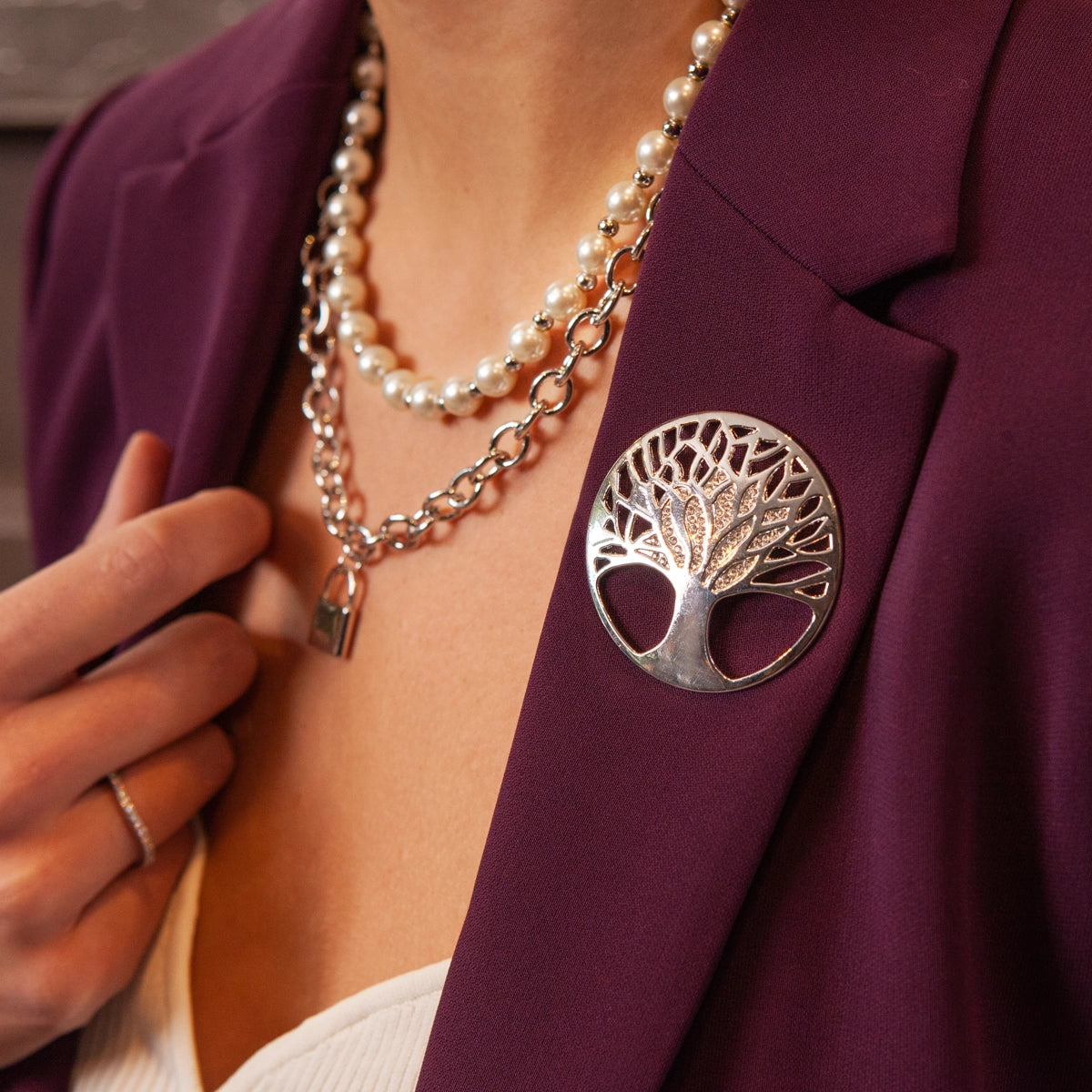 Elizabeth Crystal Tree of Life Magnetic Brooch In Silver-Tone