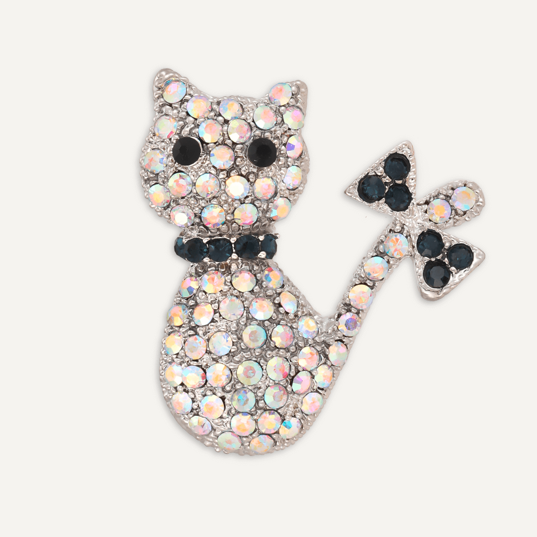 Cat Crystal Brooch In Silver Tone