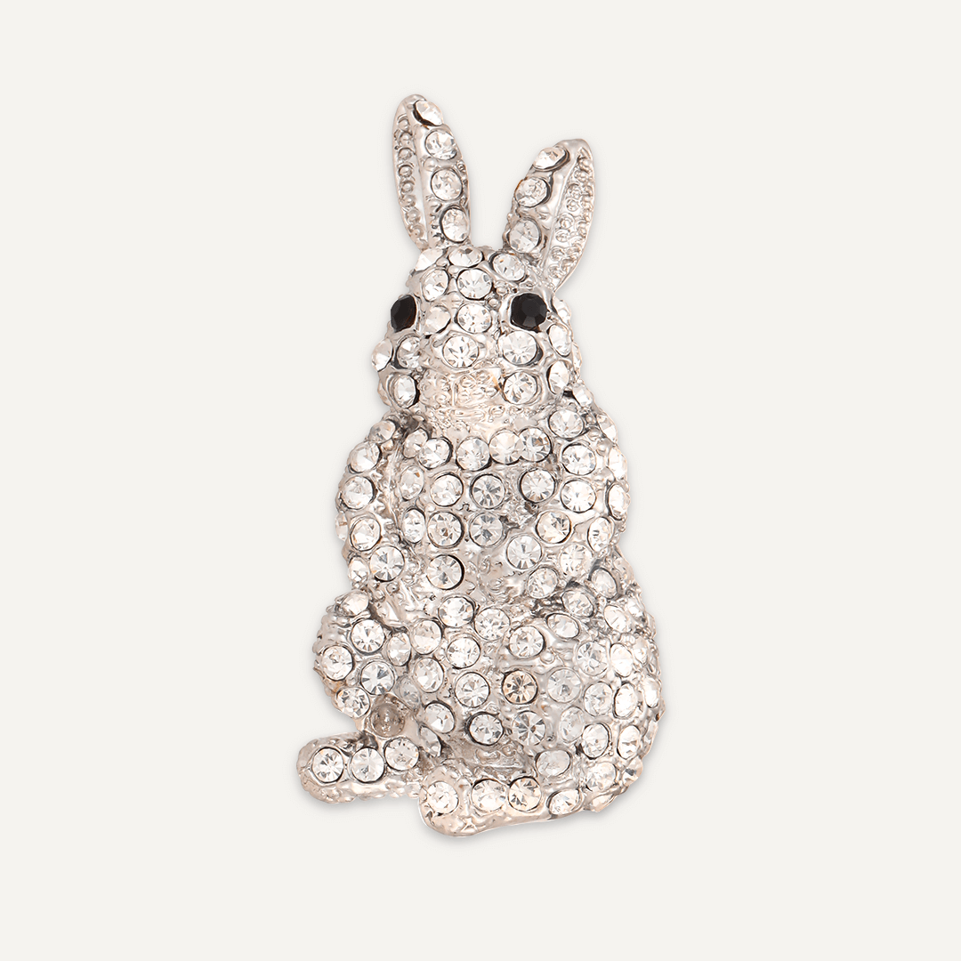 Rabbit Crystal Brooch In Silver-Tone