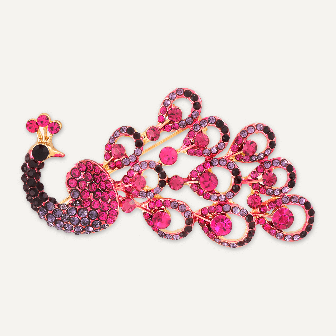 Pink Peacock Crystal Brooch In Gold-Tone