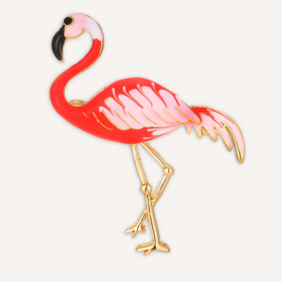 Enamel Flamingo Brooch In Gold-Tone