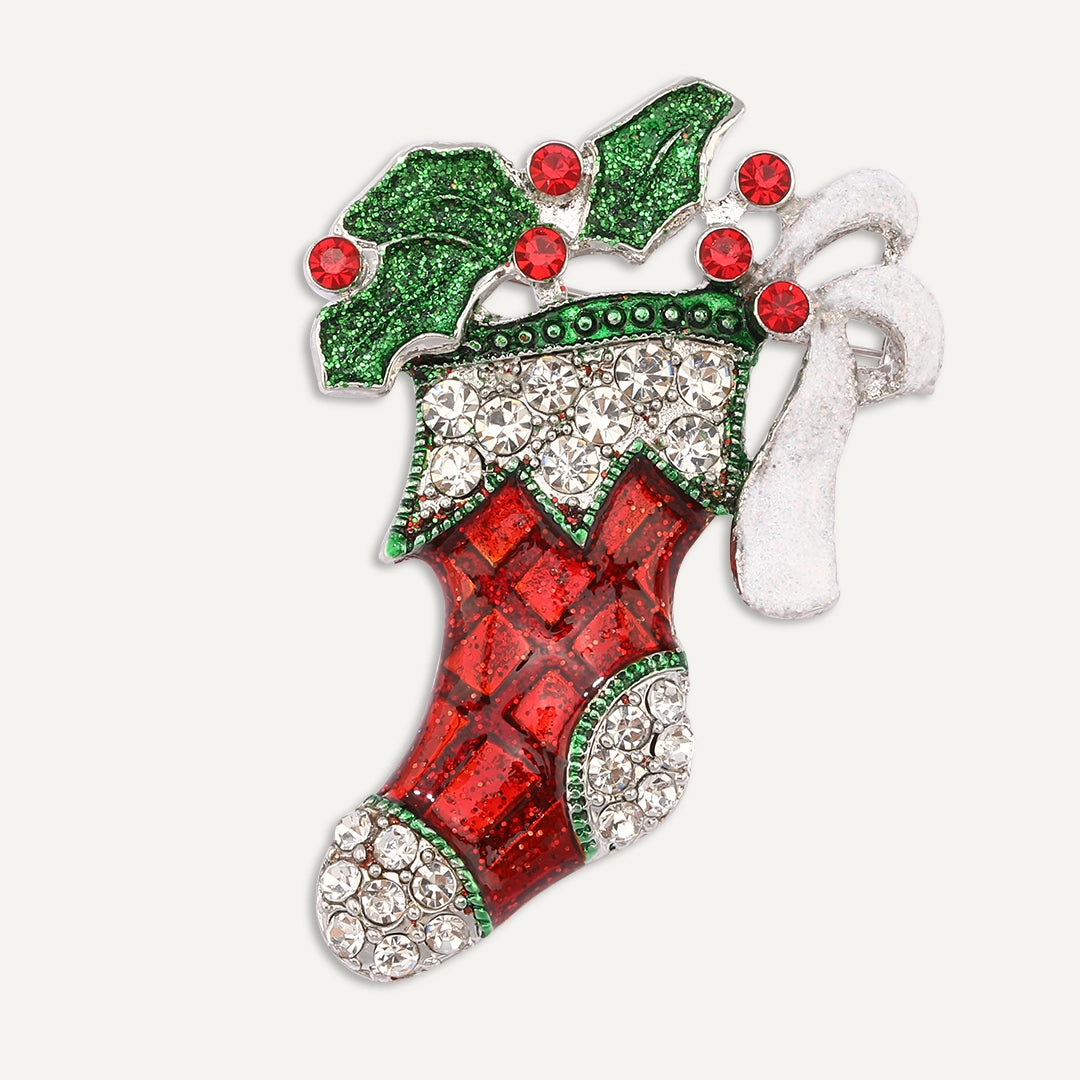 Christmas Stocking Brooch with Crystals In Silver-Tone