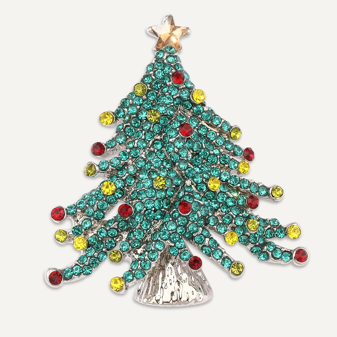 Crystal-Embellished Christmas Tree Brooch In Silver-Tone