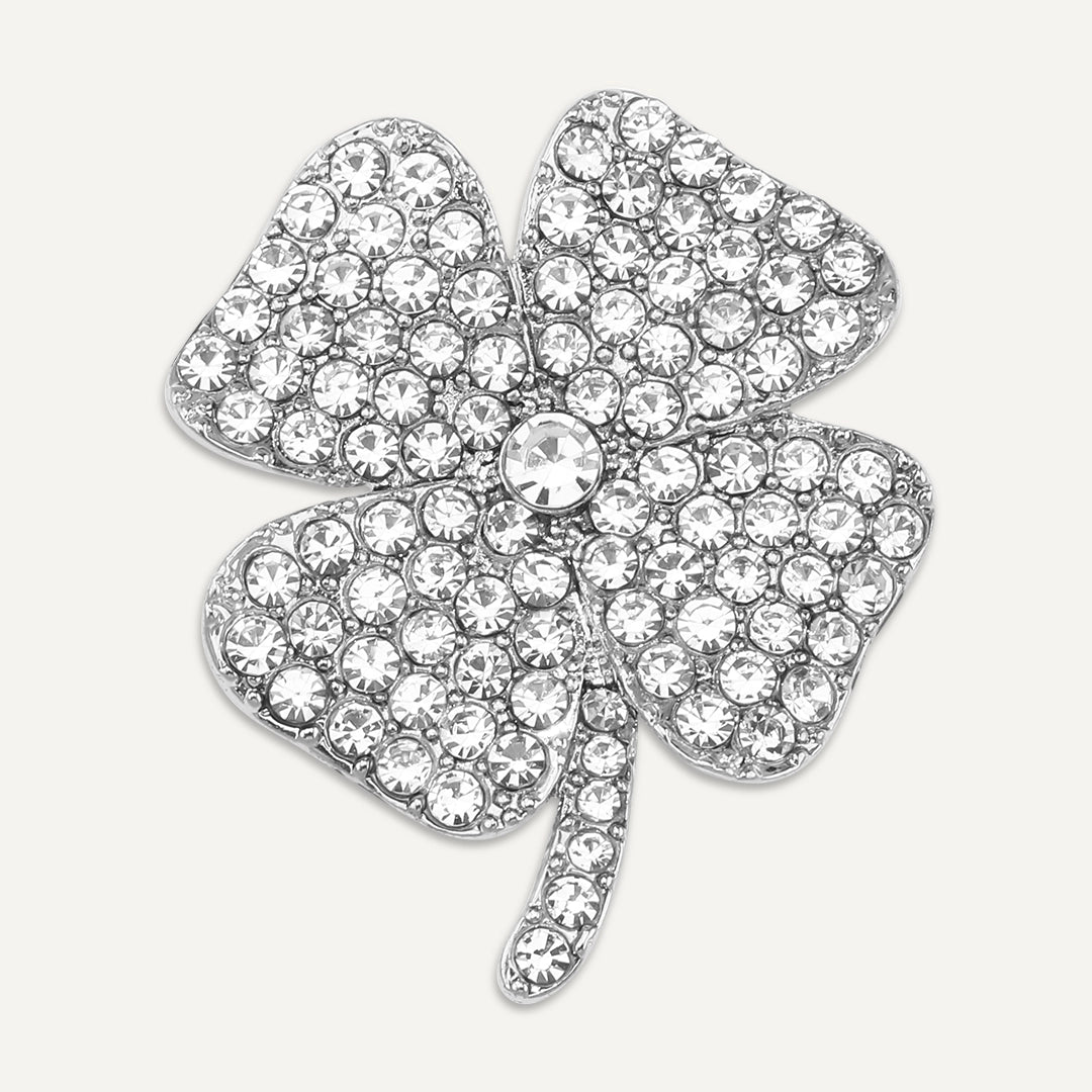 Crystal Four-Leaf Clover Brooch In Silver-Tone