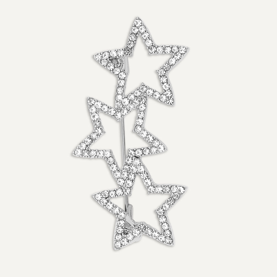 Triple Star Crystal Brooch In Silver-Tone