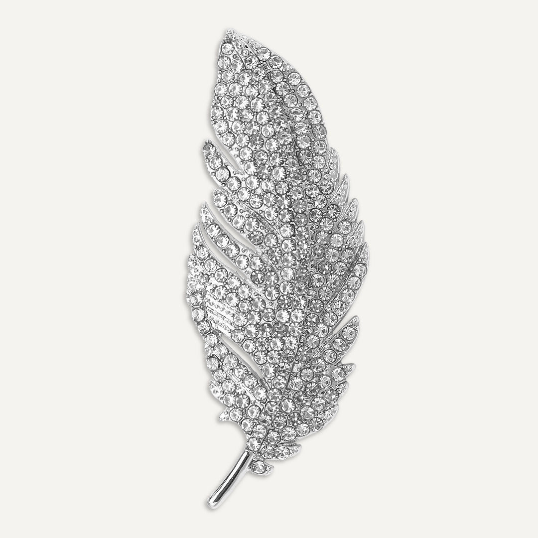 Crystal Feather Brooch In Silver-Tone