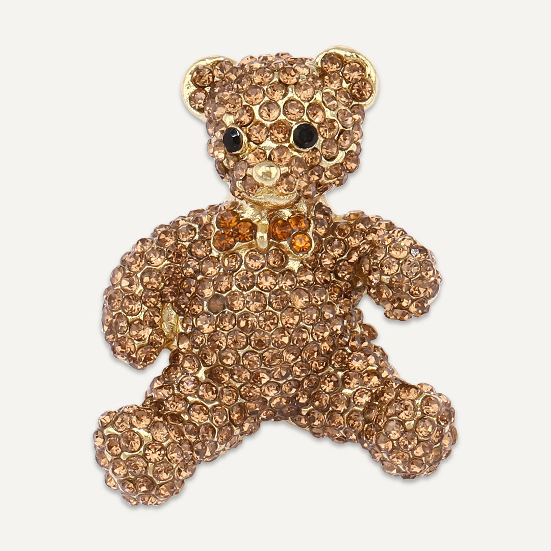 Teddy Bear Crystal Brooch In Gold-Tone