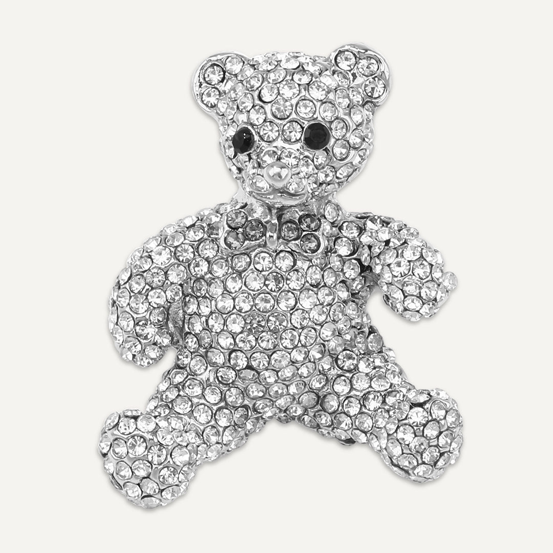 Teddy Bear Crystal Brooch In Silver-Tone