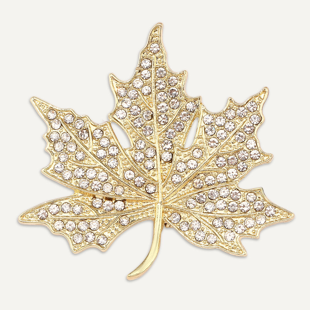 Crystal Maple Leaf Brooch In Gold-Tone