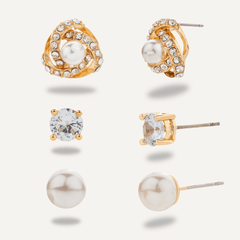 Set Of Three Cubic Zirconia & Pearl Studs - Gold - D&X Retail