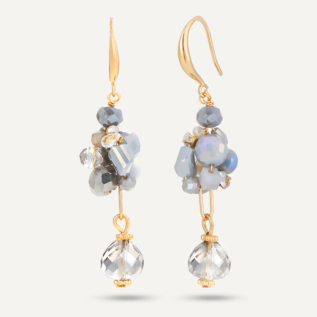 Grey Crystal Cluster Hook Earrings In Gold-Tone