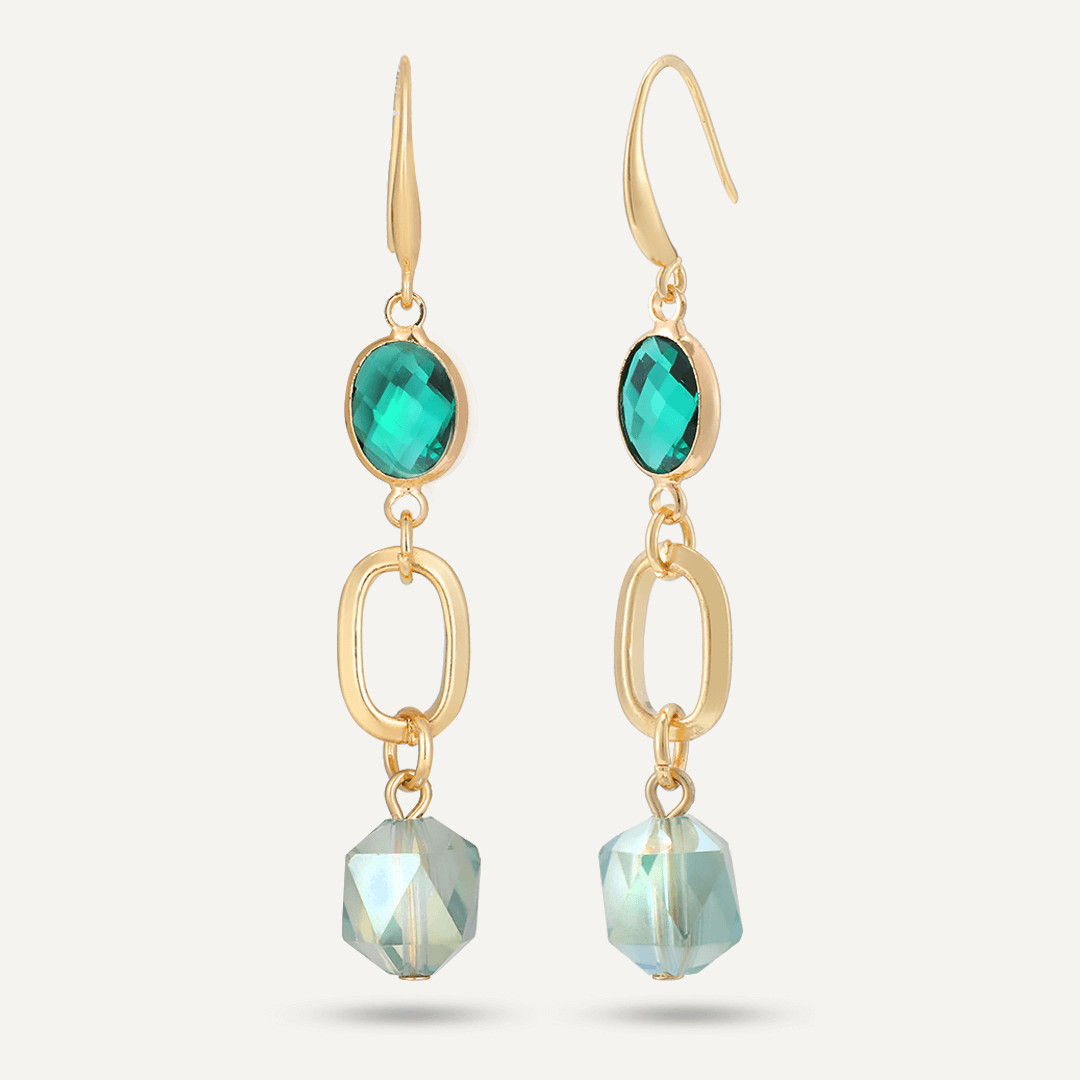 Green Crystal Drop Earrings In Gold-Tone