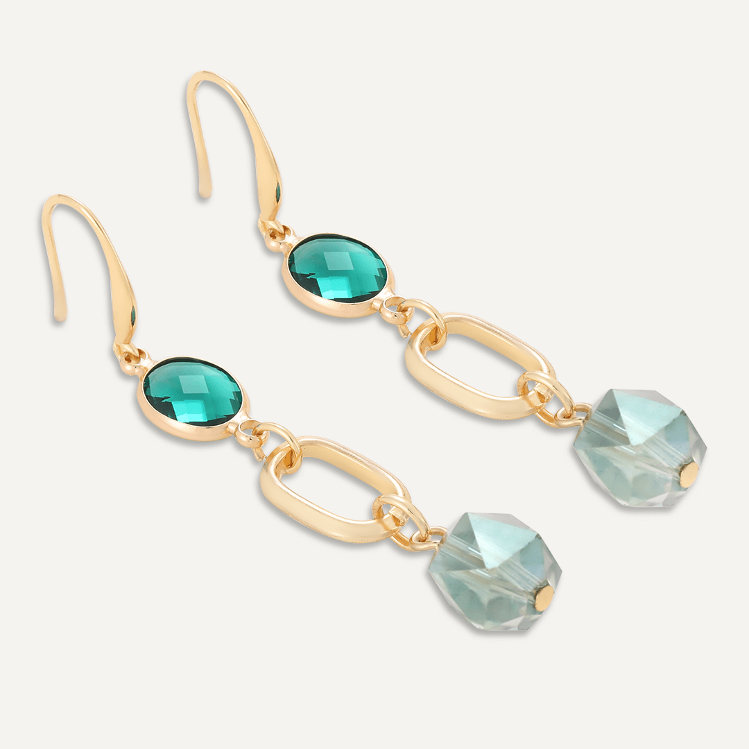 Green Crystal Drop Earrings In Gold-Tone