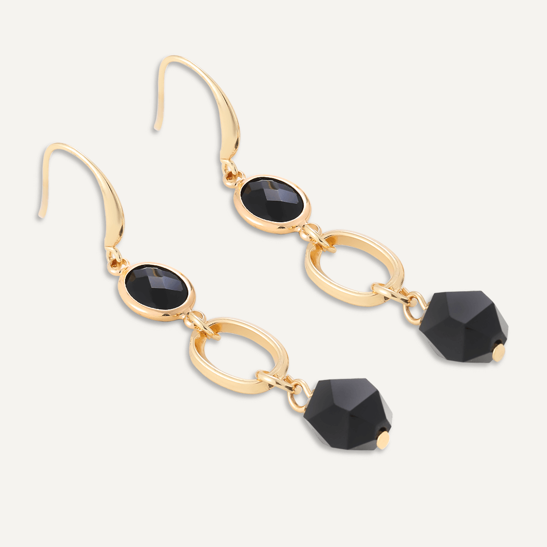 Black Crystal Drop Earrings In Gold-Tone