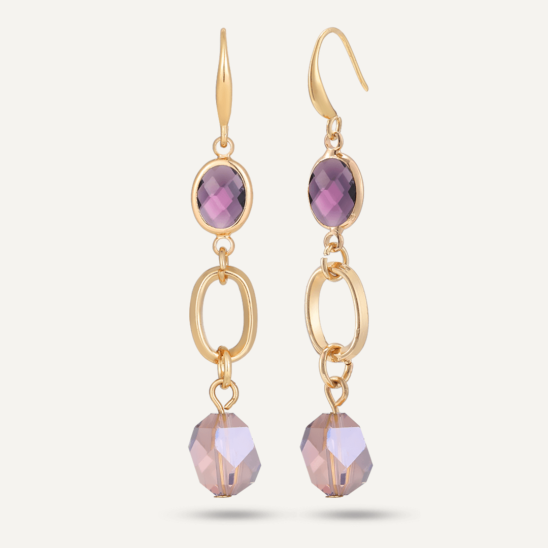 Purple Crystal Drop Earrings In Gold-Tone