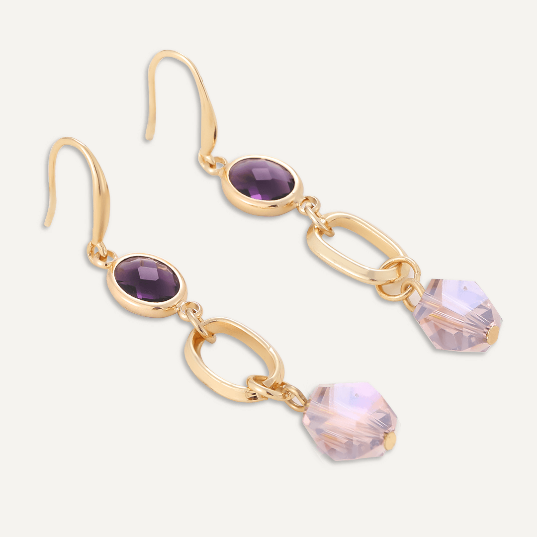 Purple Crystal Drop Earrings In Gold-Tone