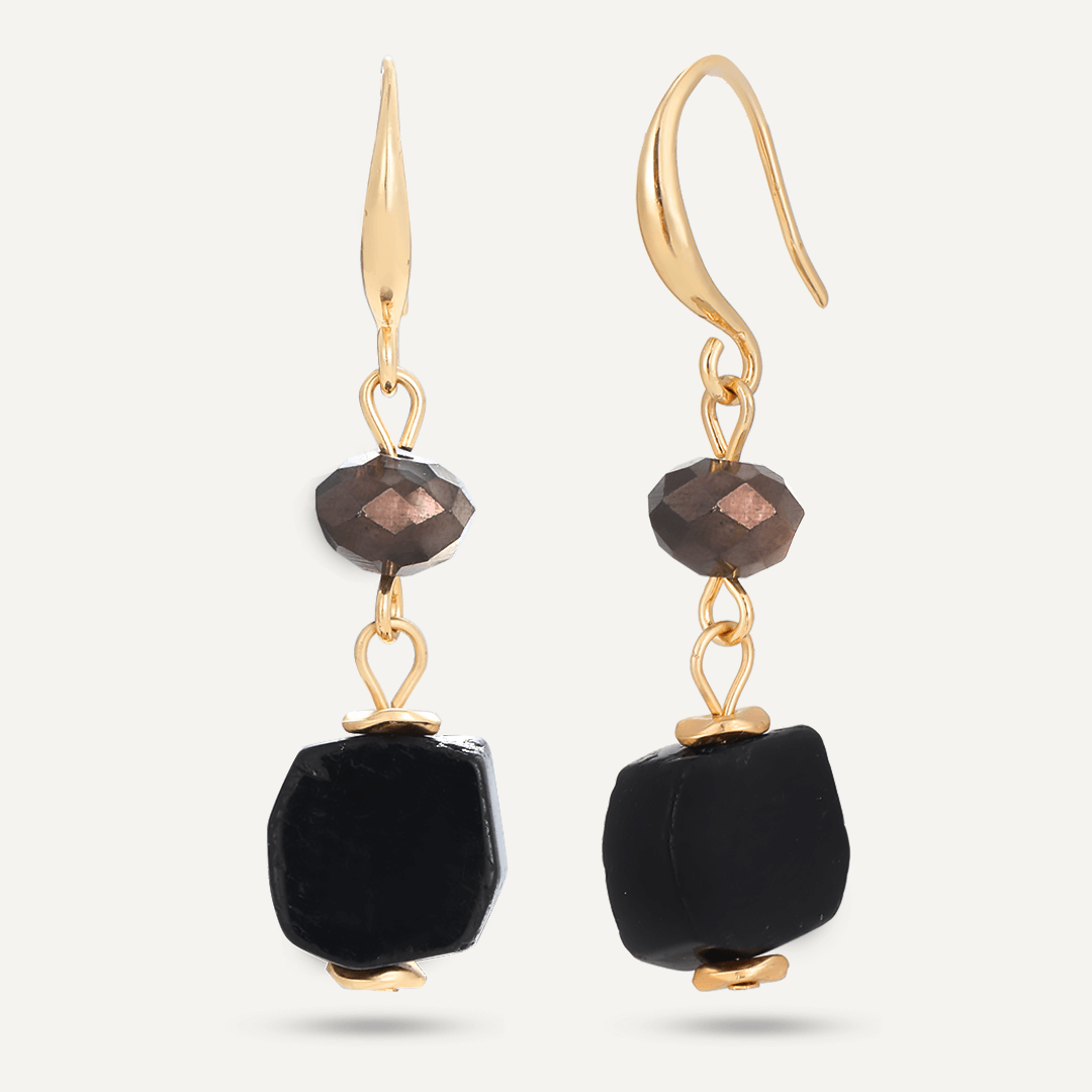 Black Semi-Precious Stone Hook Earrings In Gold-Tone