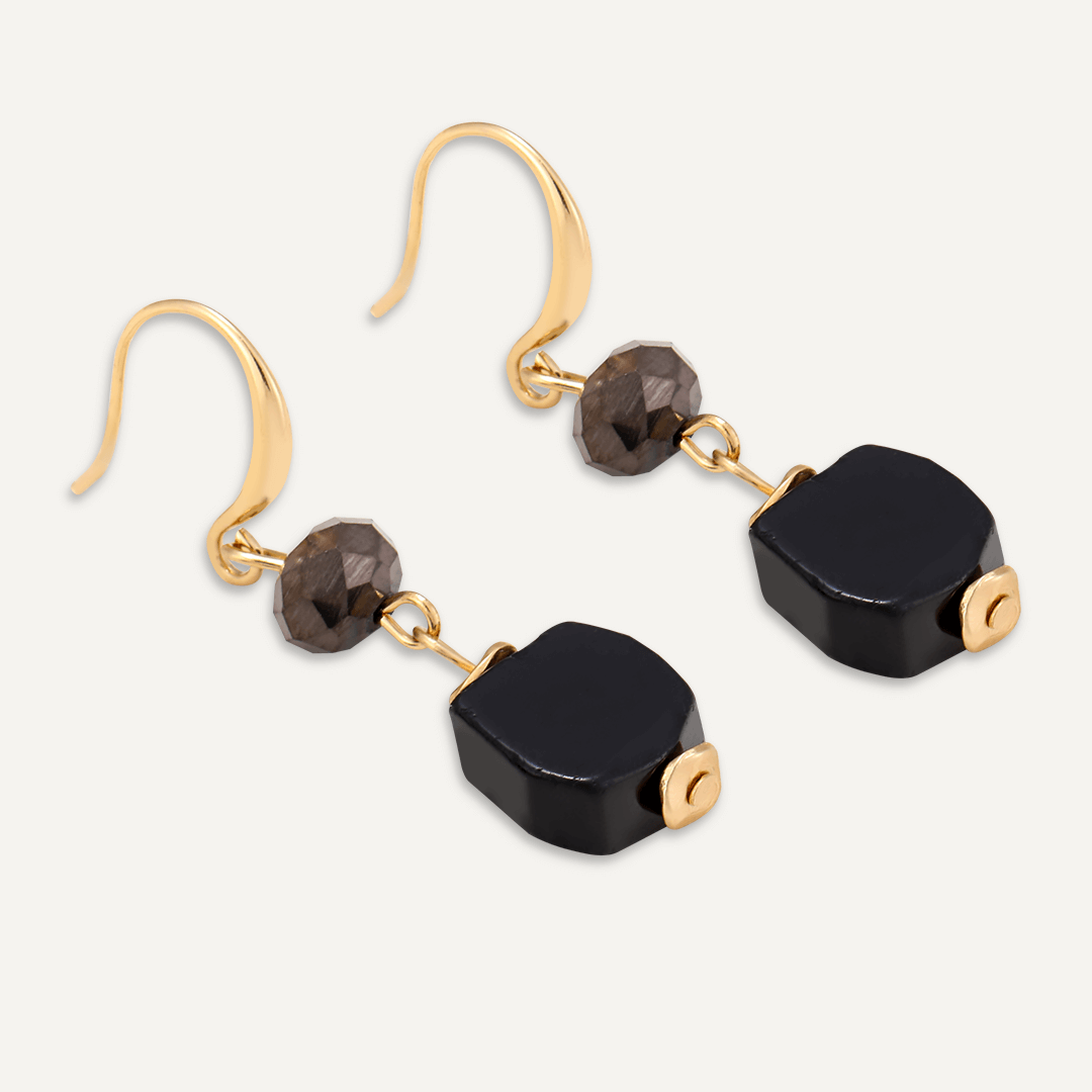 Black Semi-Precious Stone Hook Earrings In Gold-Tone