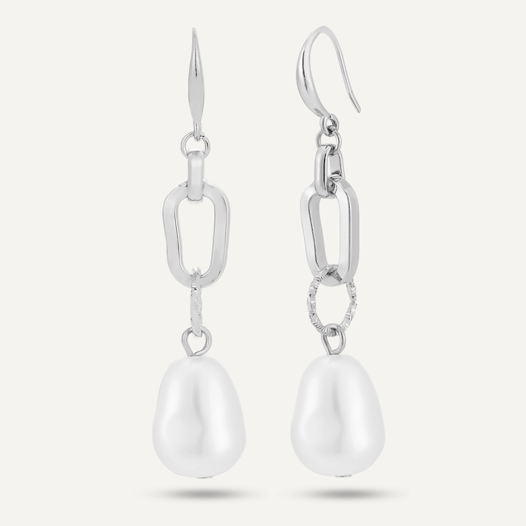 Chain-Link Faux Pearl Drop Earrings In Silver-Tone