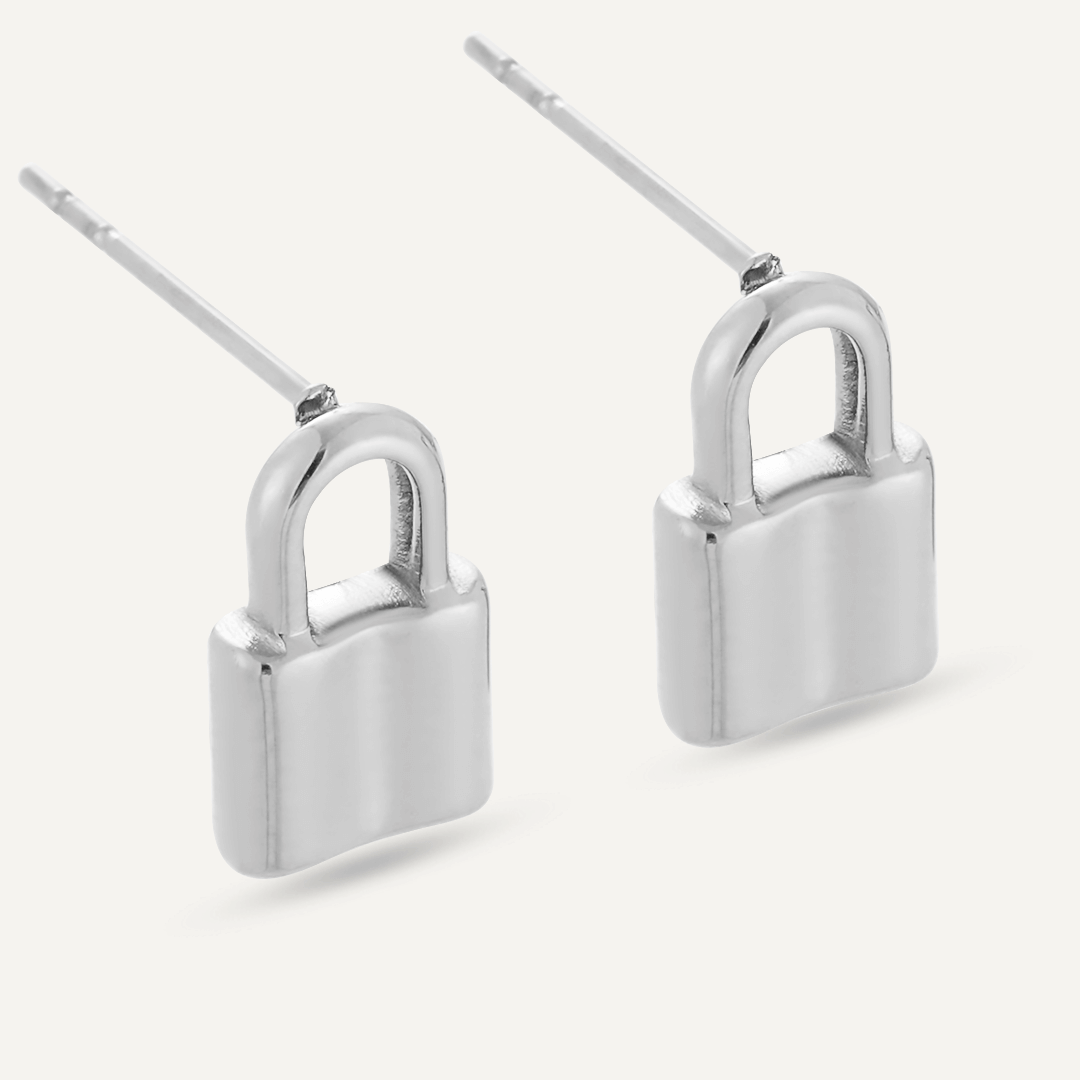 Padlock Stud Earrings In Silver-Tone