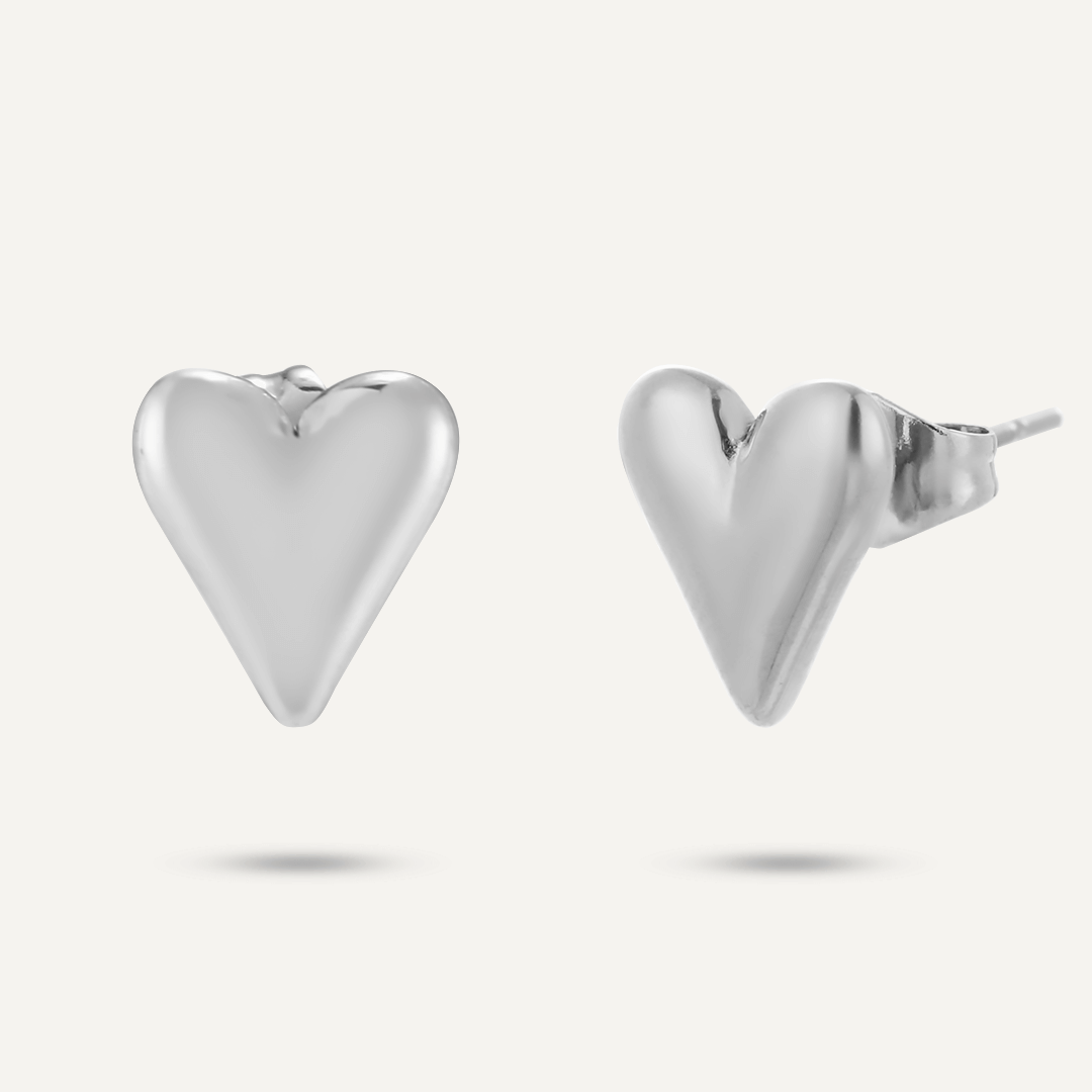 Heart Contemporary Stud Earrings In Silver-Tone