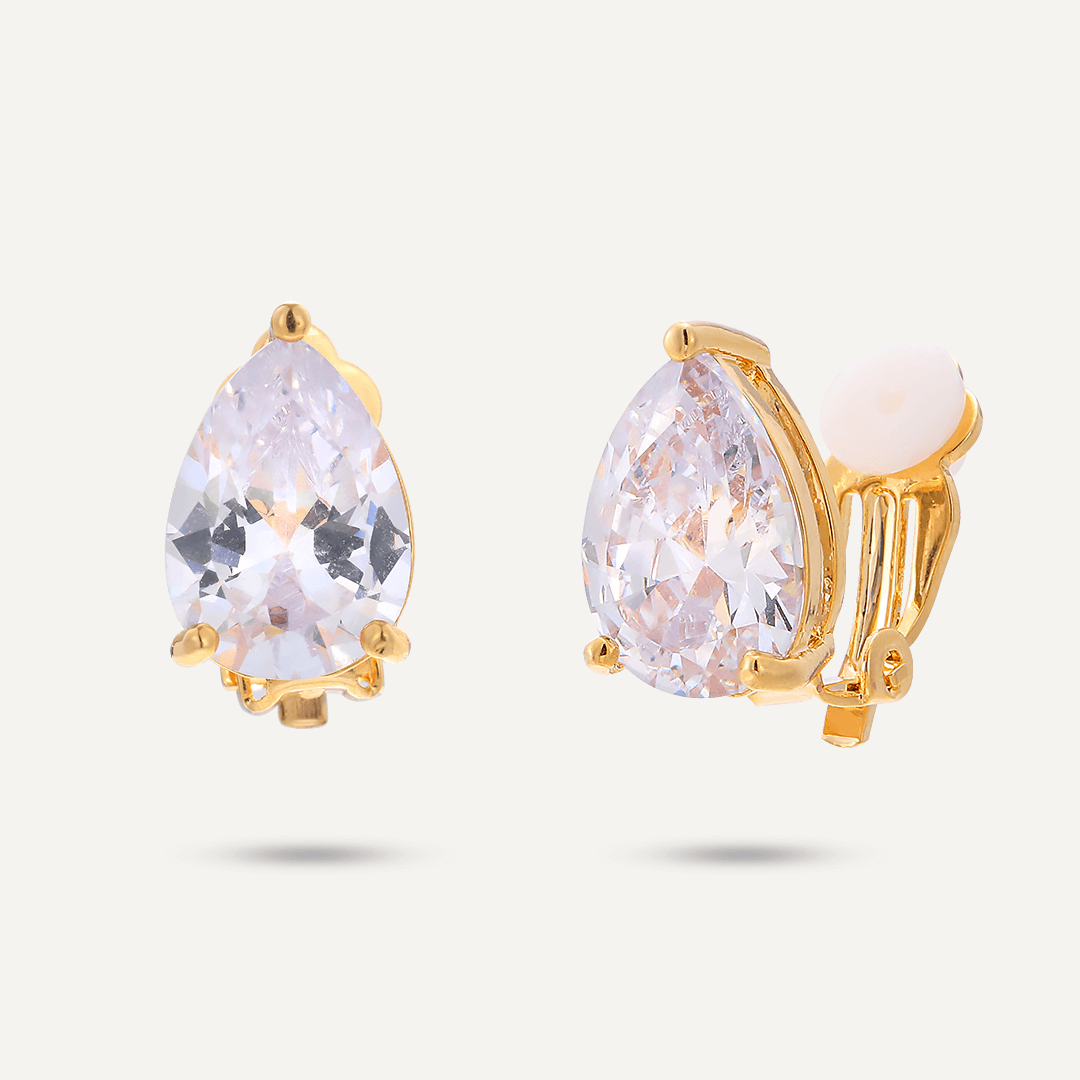 Teardrop Crystal Clip On Earrings In Gold-Tone