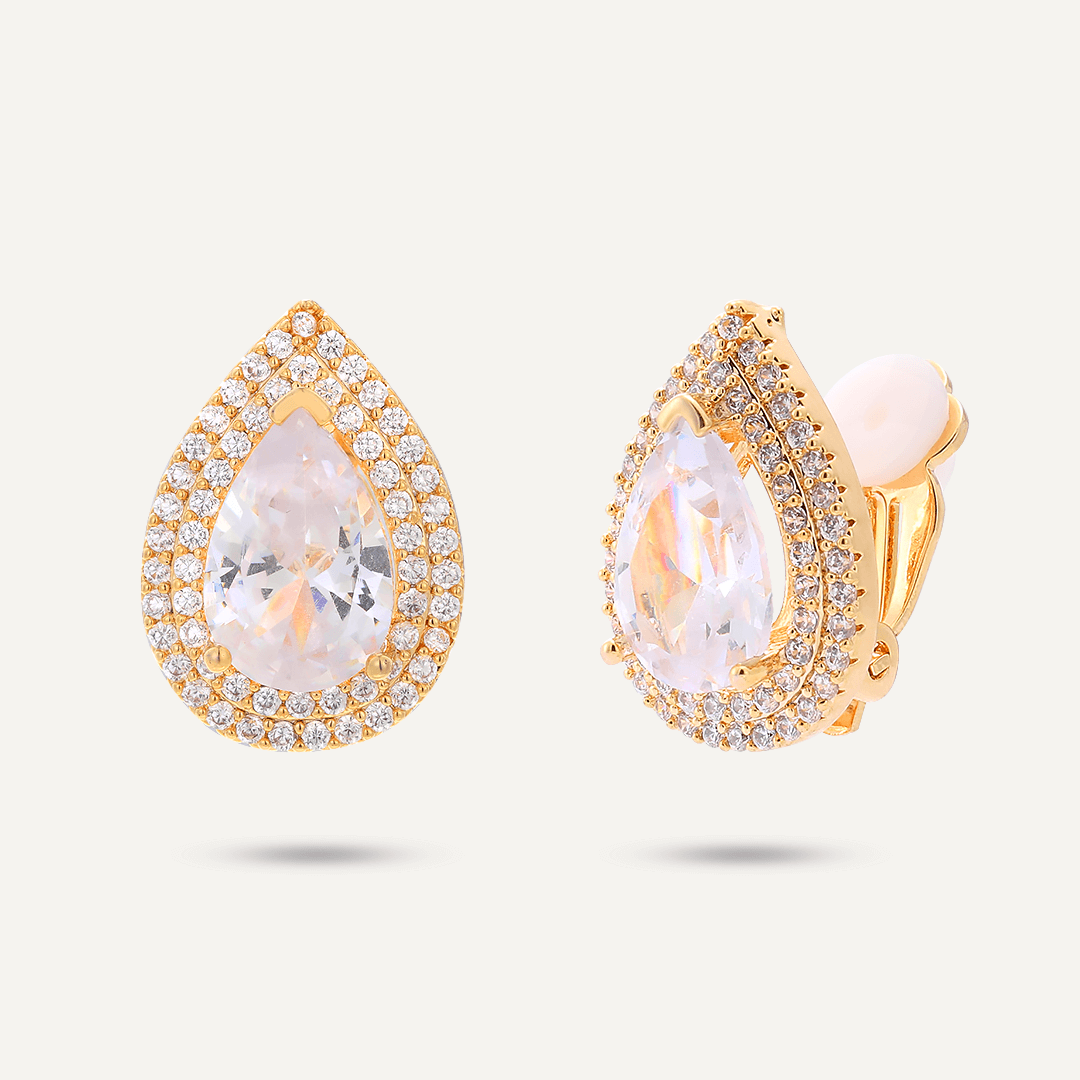 Geometric Cubic Zirconia Clip On Earrings In Gold-Tone