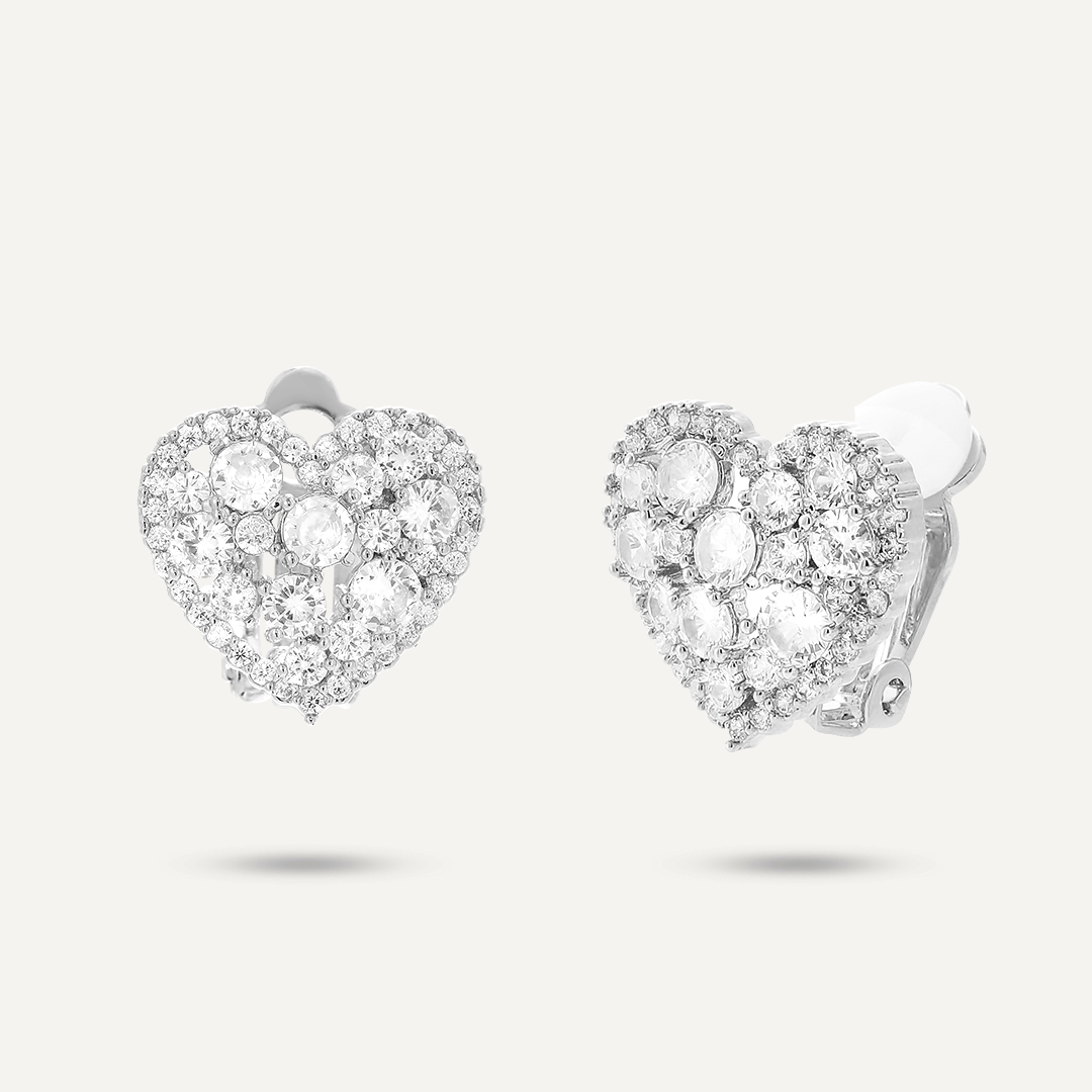 Heart Shaped Cubic Zirconia Earrings In Silver Tone