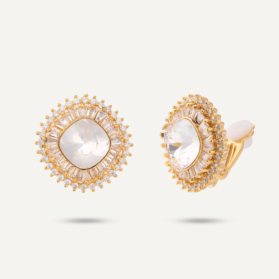 Circular Crystal & Cubic Zirconia Clip On Earrings In Gold-Tone