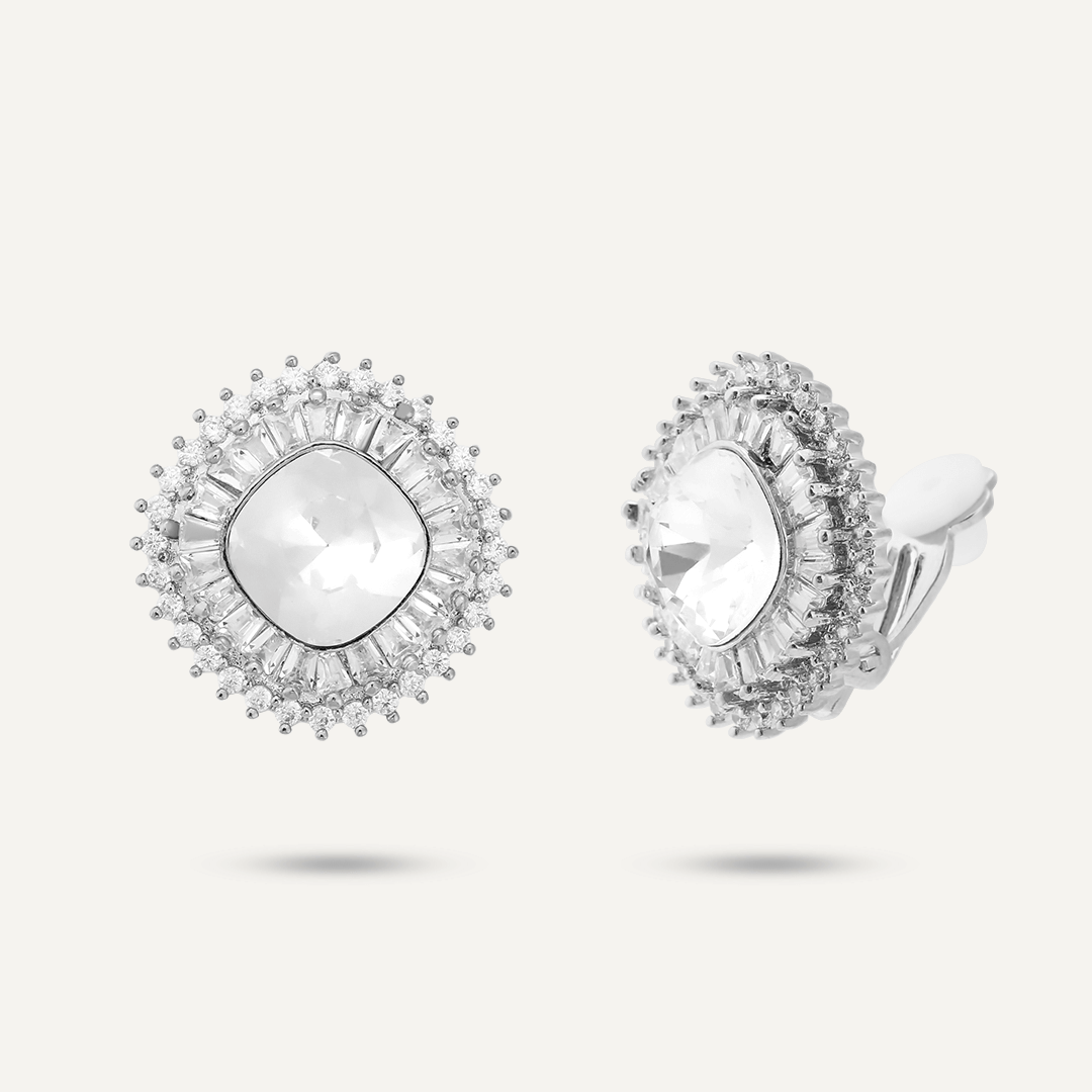 Circular Crystal & Cubic Zirconia Clip On Earrings In Silver-Tone