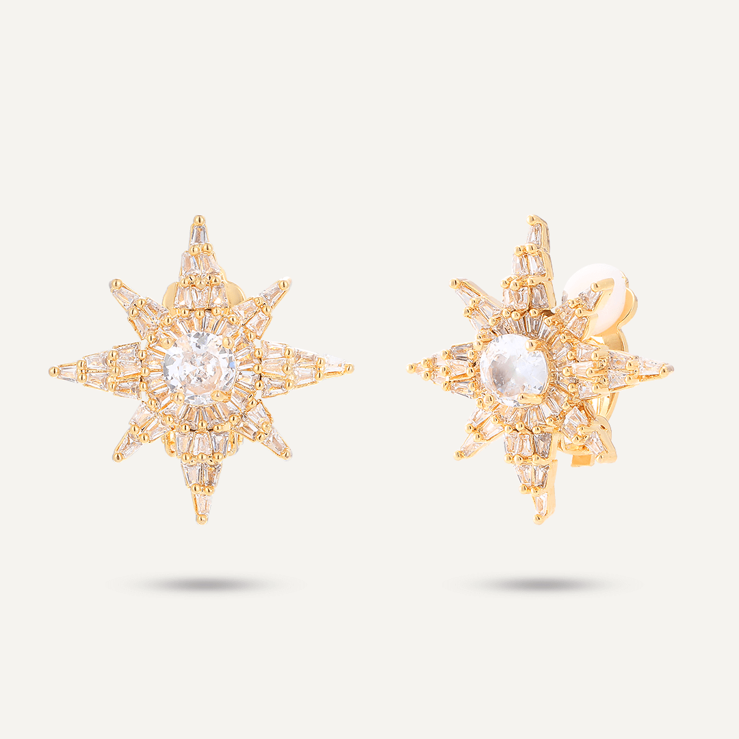 Star Cubic Zirconia Clip On Earrings In Gold-Tone