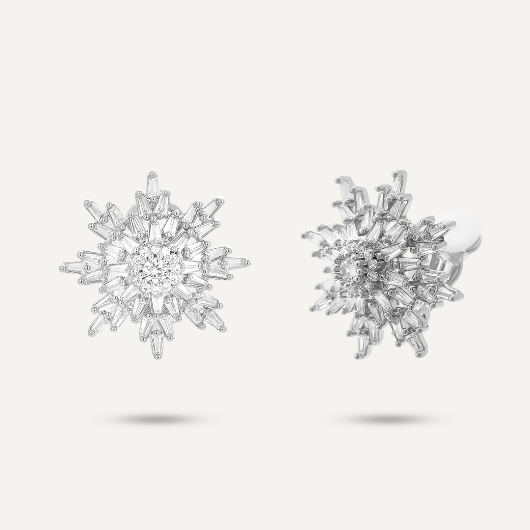 Snowflake Cubic Zirconia Clip On Earrings In Silver-Tone