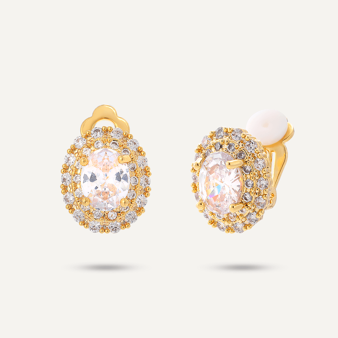 Oval Crystal and Cubic Zirconia Clip On Earrings In Gold-Tone