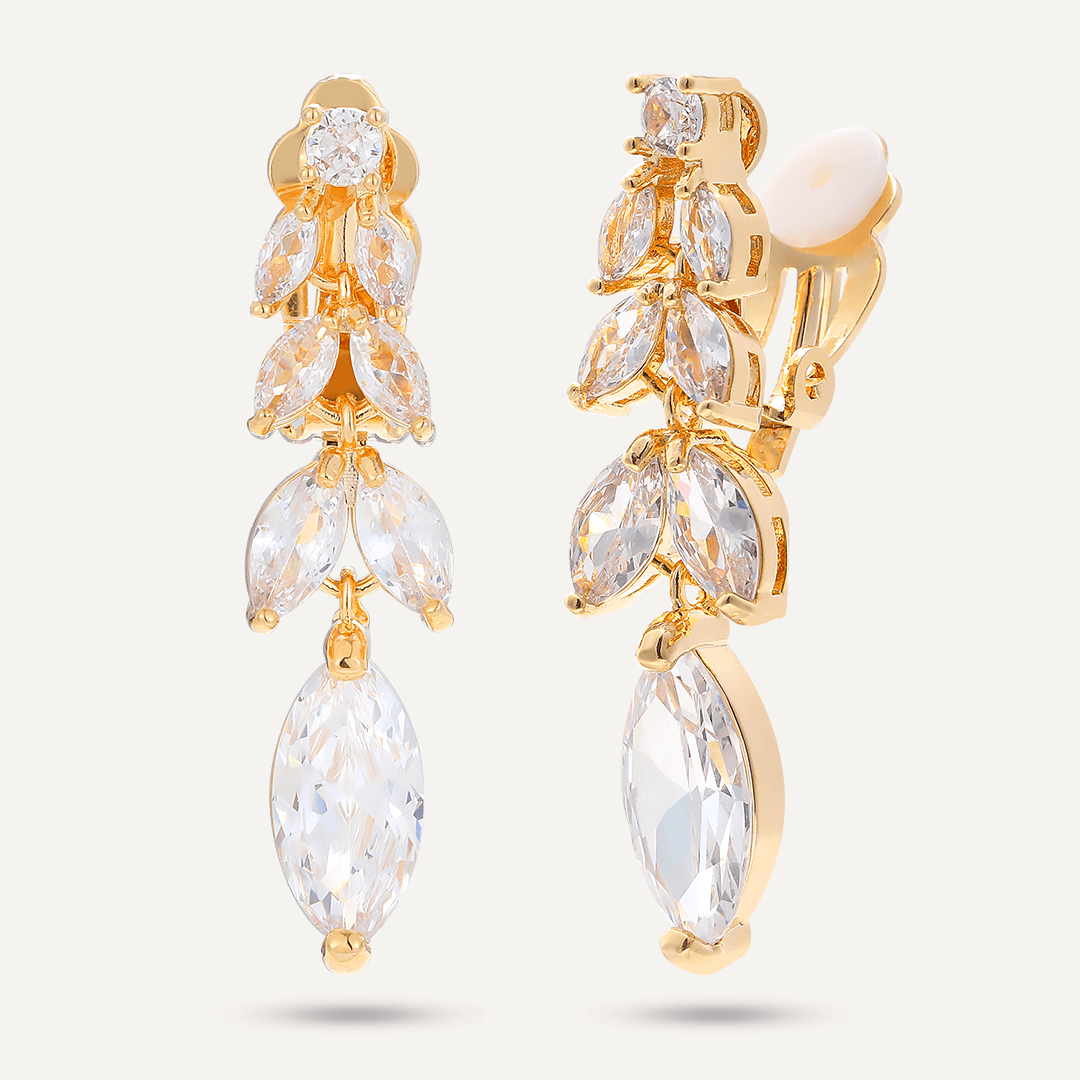 Floral Crystal Clip On Drop Earrings In Gold-Tone