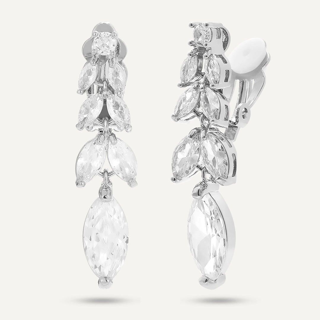 Floral Crystal Clip On Drop Earrings In Silver-Tone