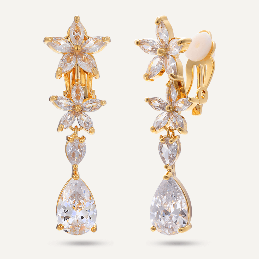 Mixed Cut Crystal Clip On Drop Earrings In Gold-Tone