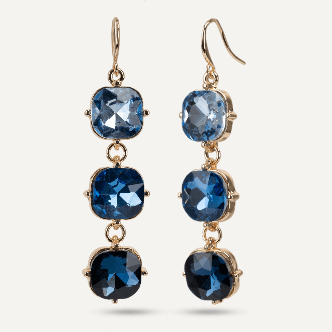 Geometric Blue Crystal Hook Earrings In Gold-Tone