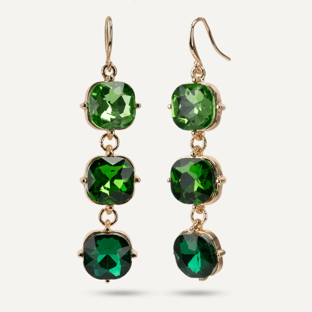 Geometric Green Crystal Hook Earrings In Gold-Tone