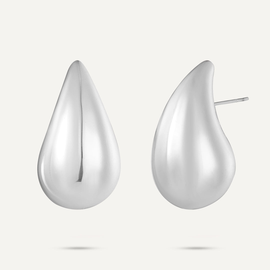 Vibes | Curved Teardrop Stud Post Earrings | White Gold-Plated
