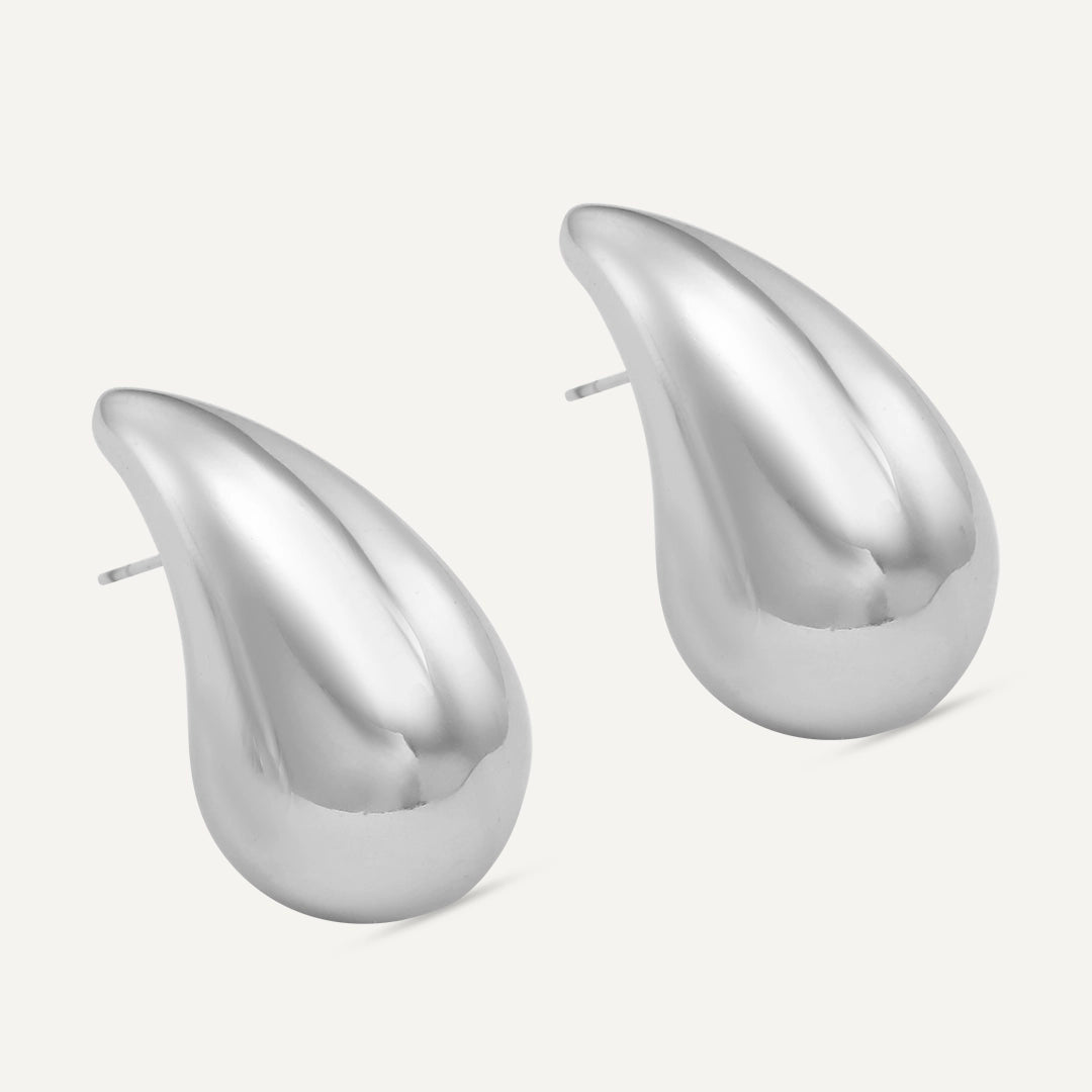 Vibes | Curved Teardrop Stud Post Earrings | White Gold-Plated