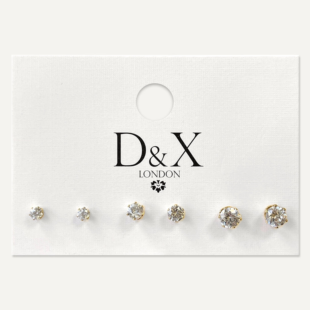 Vibes | Classic Solitaire Stud Post Earrings | 3 Pairs | 18K Gold-Plated